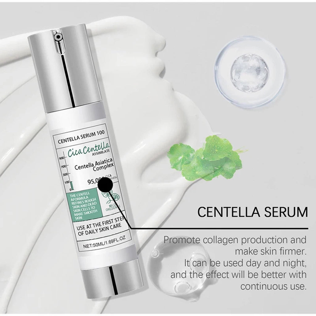 Hero shot Centella Serum 100 con hojas frescas de centella