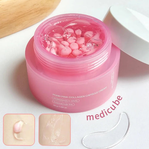 Medicube PDRN Pink Capsule Cream — pote abierto con cápsulas rosadas