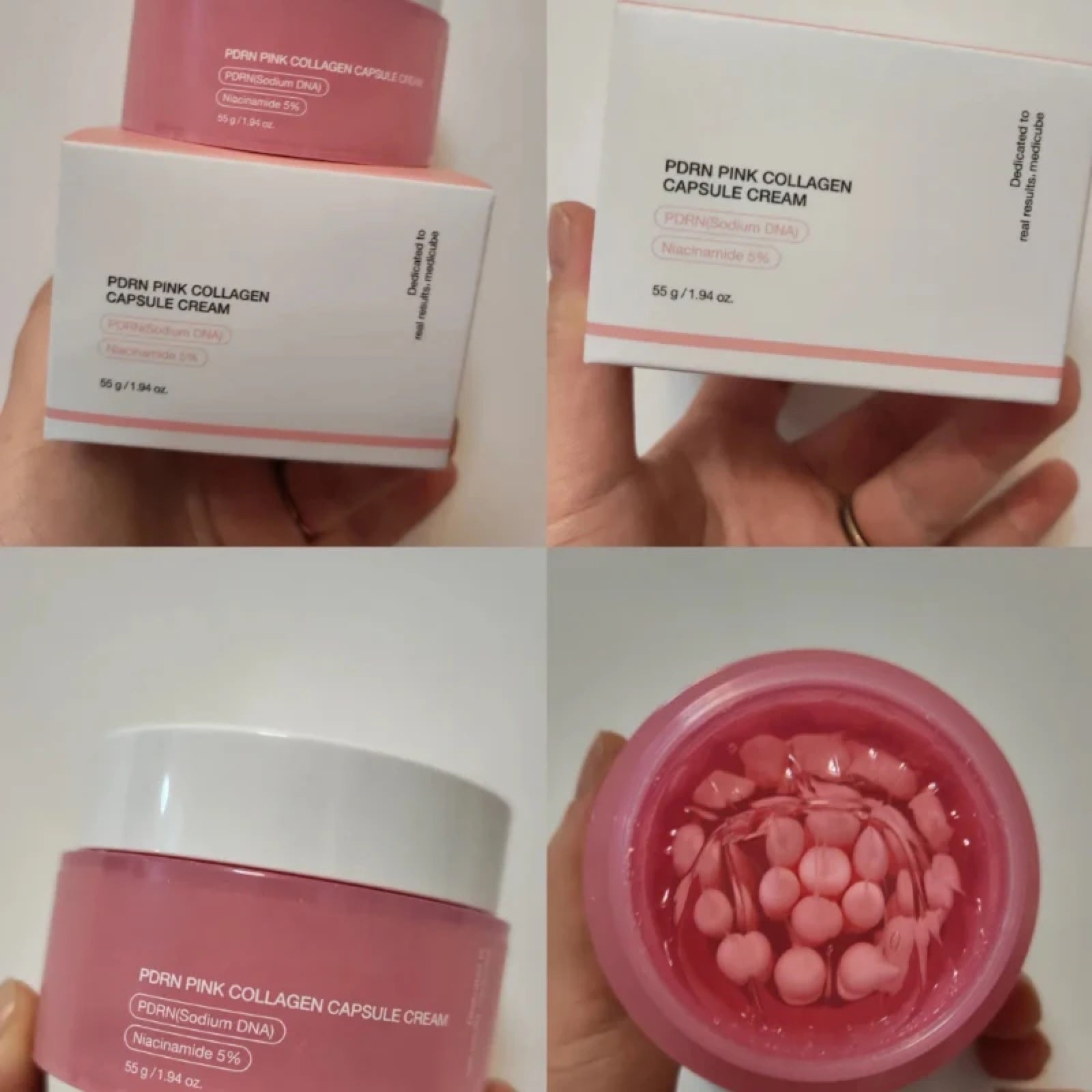Medicube PDRN Crema — packaging completo: caja, pote, cápsulas en macro