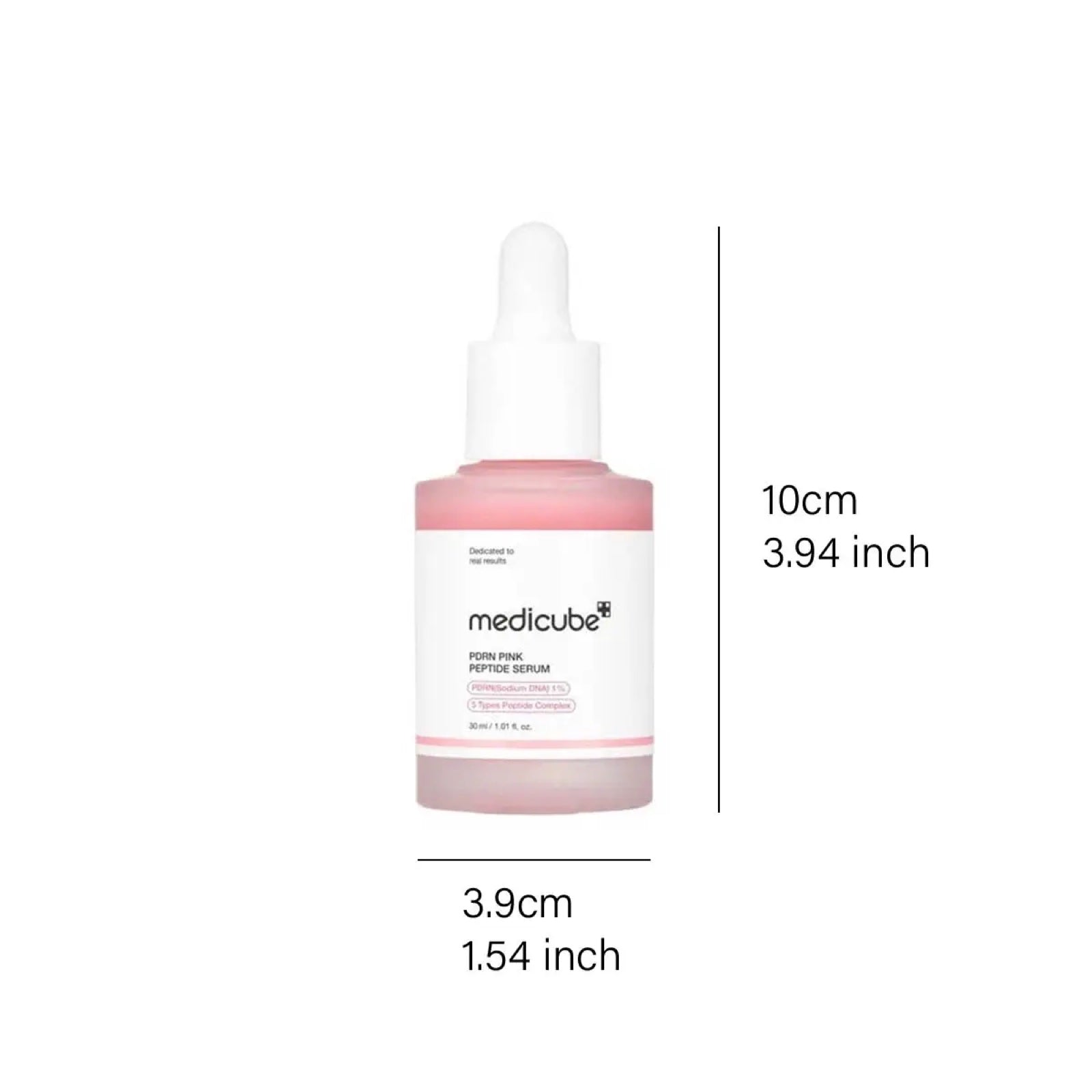 Medicube PDRN Pink Peptide Serum — frasco oficial 30ml con dimensiones